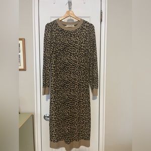 Loft Leopard Print Midi Sweater Dress 
Size: Medium
Color: Toasted Pine Nut